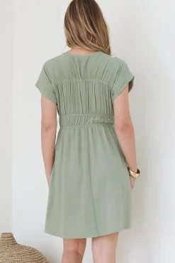 Torin Mini Dress - Flattering V-Neck A-Line Mini with Cinched Waist in Sage><noscript><img width=
