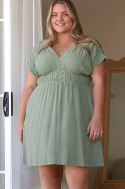 Torin Mini Dress - Flattering V-Neck A-Line Mini with Cinched Waist in Sage><noscript><img width=