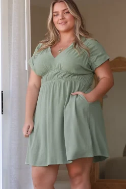 Torin Mini Dress - Flattering V-Neck A-Line Mini with Cinched Waist in Sage><noscript><img width=