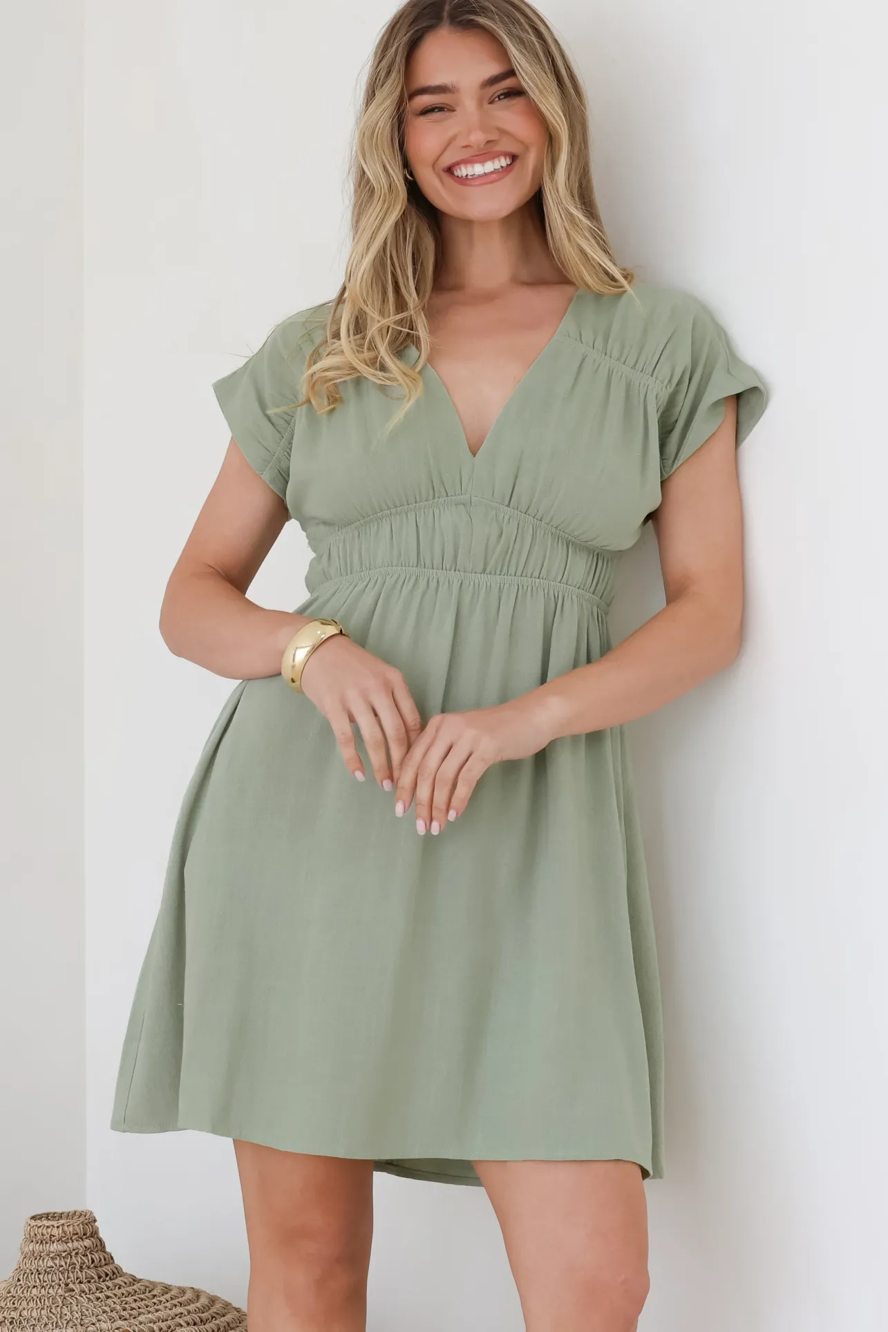Torin Mini Dress - Flattering V-Neck A-Line Mini with Cinched Waist in Sage>Salty Crush Sale