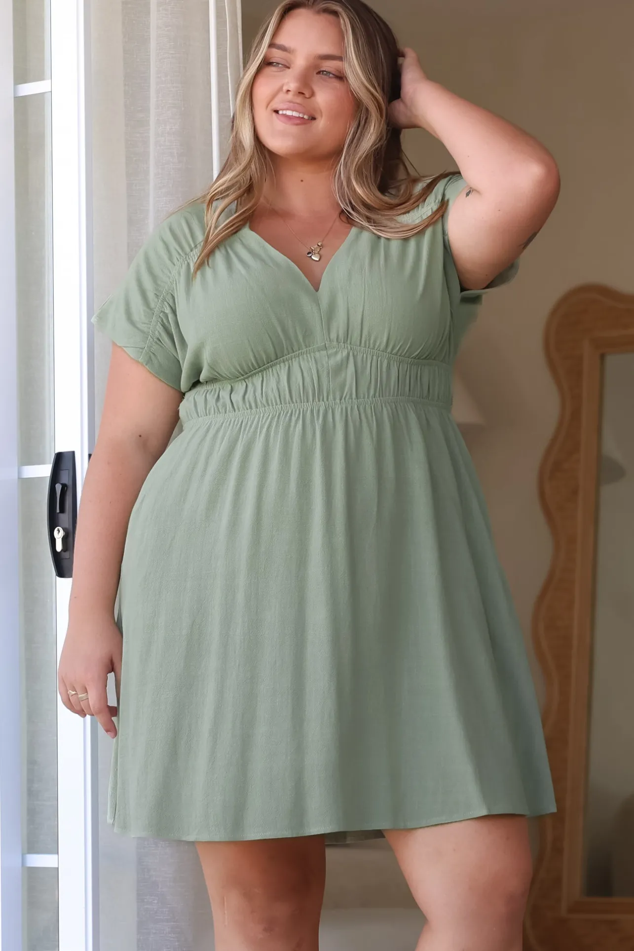 Torin Mini Dress - Flattering V-Neck A-Line Mini with Cinched Waist in Sage>Salty Crush Sale