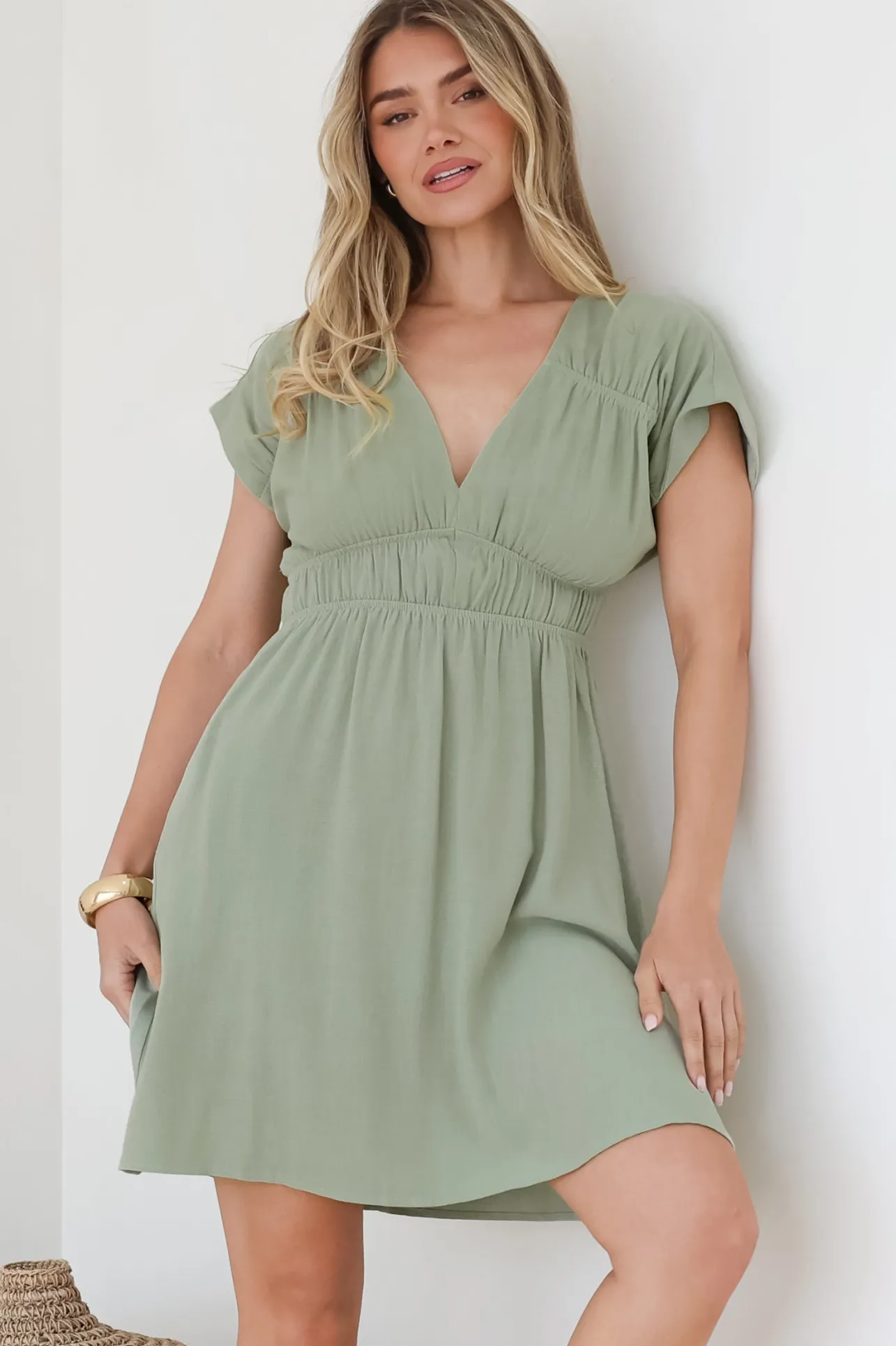 Torin Mini Dress - Flattering V-Neck A-Line Mini with Cinched Waist in Sage>Salty Crush Sale