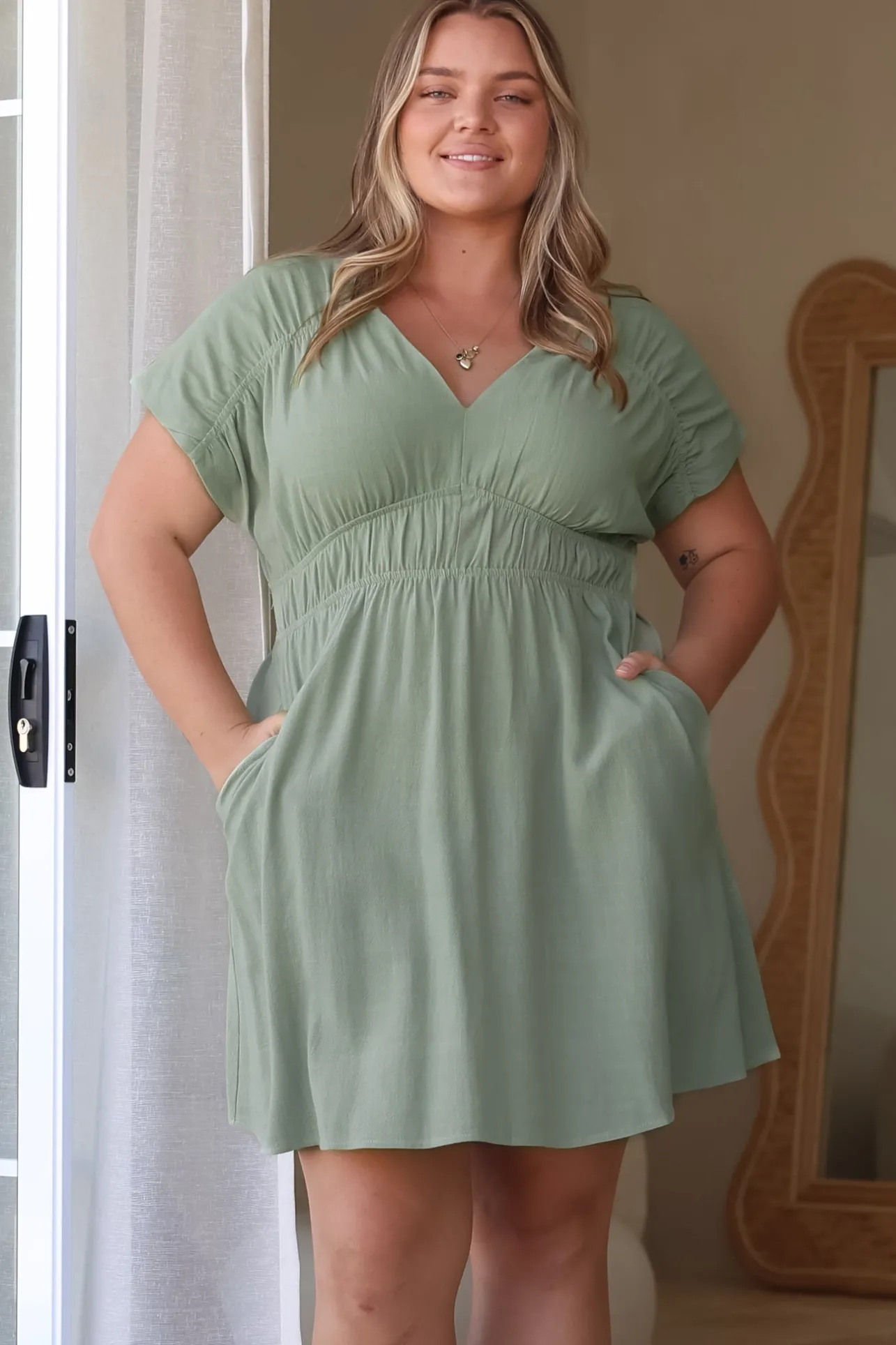 Torin Mini Dress - Flattering V-Neck A-Line Mini with Cinched Waist in Sage>Salty Crush Sale