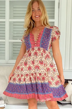 Tracey Mini Dress - Cap Sleeve Dress with Waist Tie in Bohemia Print>Jaase Sale