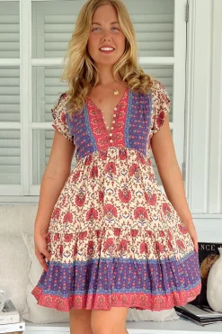 Tracey Mini Dress - Cap Sleeve Dress with Waist Tie in Bohemia Print><noscript><img width=