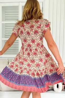 Tracey Mini Dress - Cap Sleeve Dress with Waist Tie in Bohemia Print><noscript><img width=