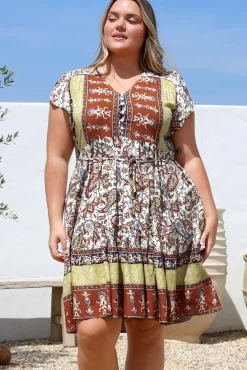 Tracey Mini Dress - Cap Sleeve Dress with Waist Tie in Oakie Print><noscript><img width=