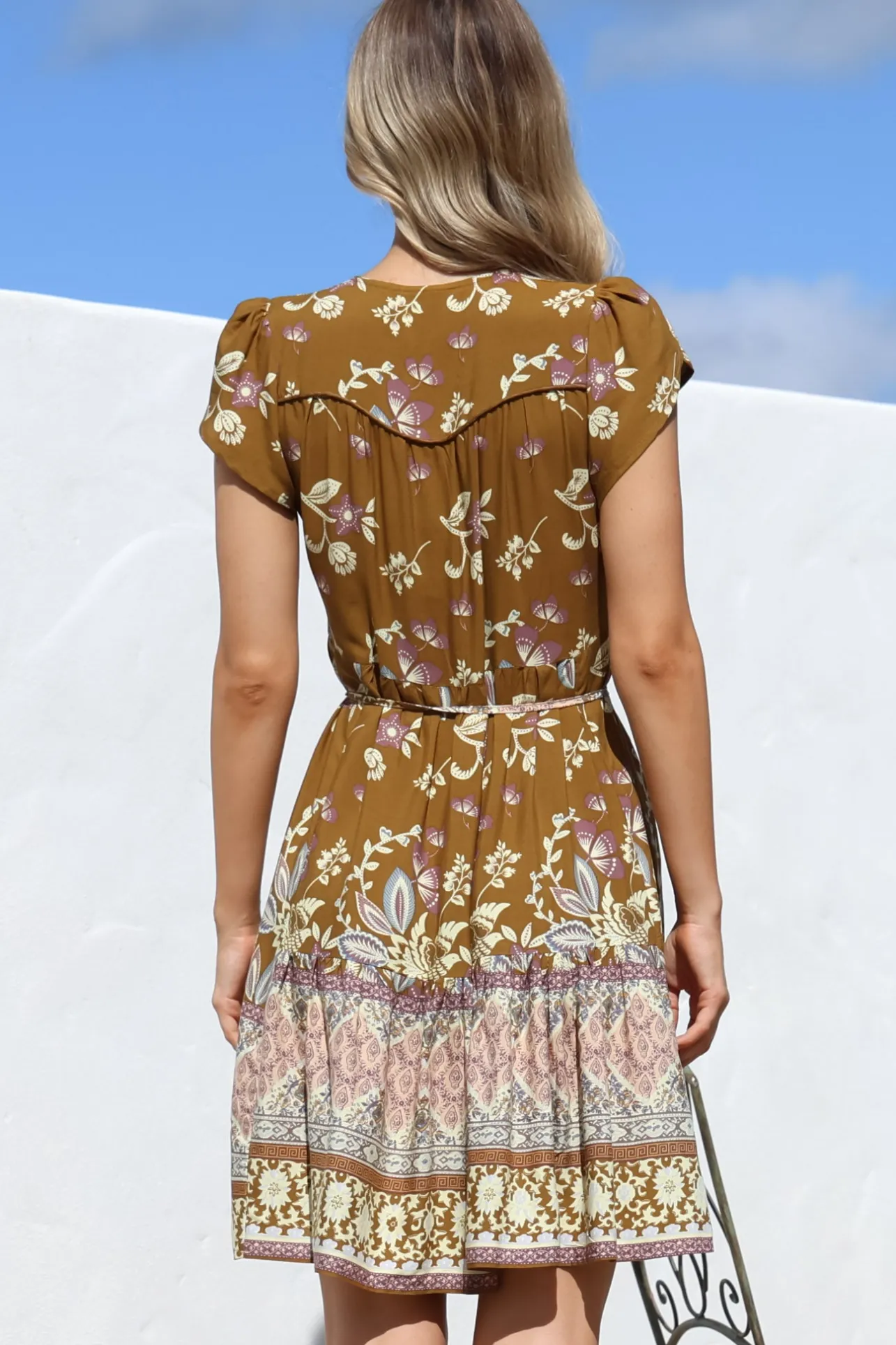 Tracey Mini Dress - Cap Sleeve Dress with Waist Tie in Emre Print>Jaase Online