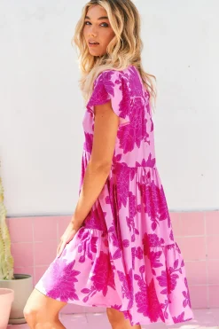 Tracey Mini Dress - Cap Sleeve Dress with Waist Tie in Valentine Print><noscript><img width=