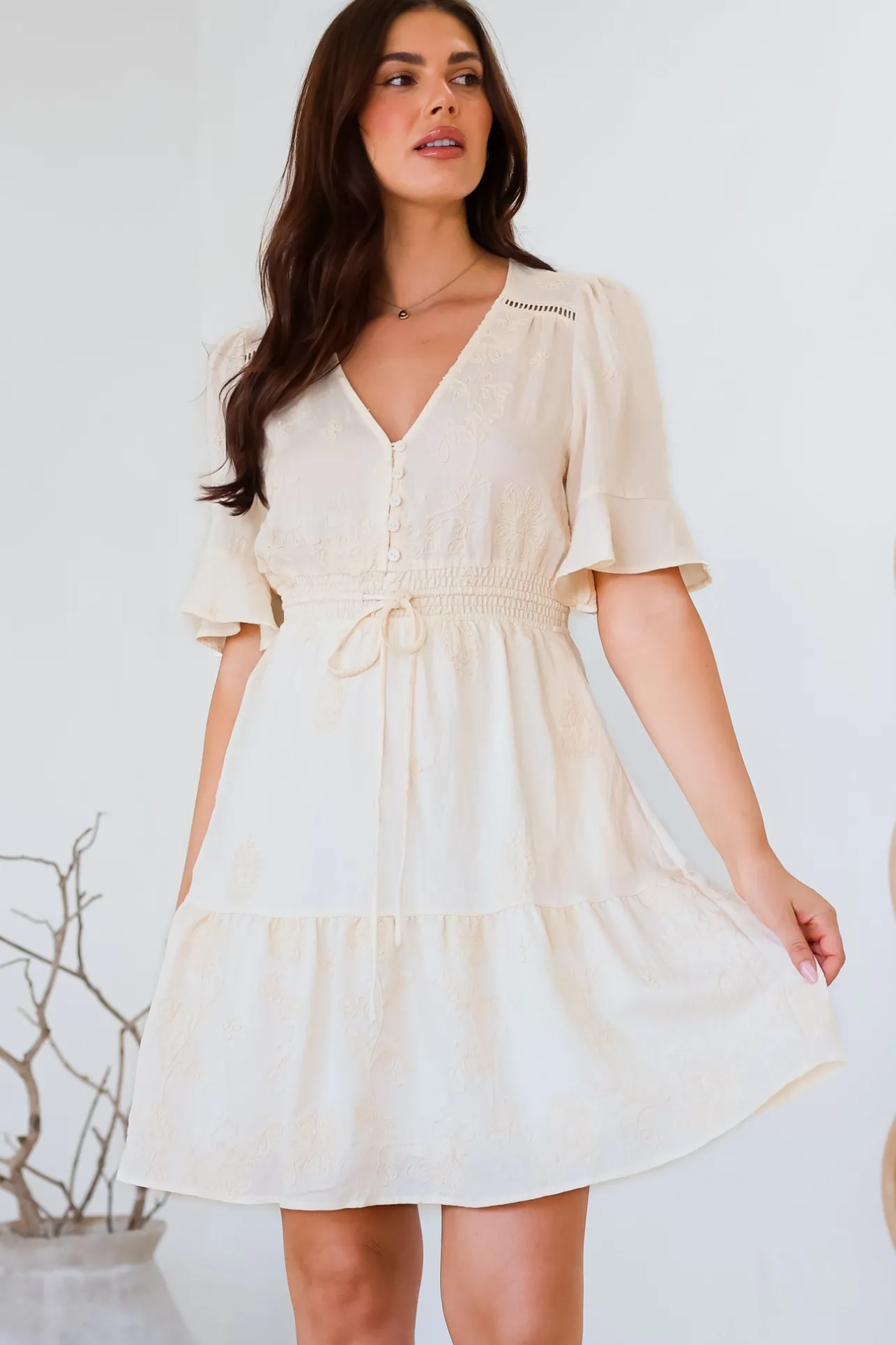 Truese Mini Dress - A-Line Dress with Short Ruffle Sleeves in Cream Embroidery>Salty Crush Outlet