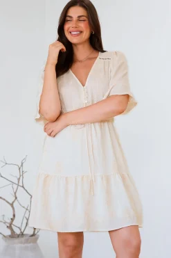 Truese Mini Dress - A-Line Dress with Short Ruffle Sleeves in Cream Embroidery><noscript><img width=
