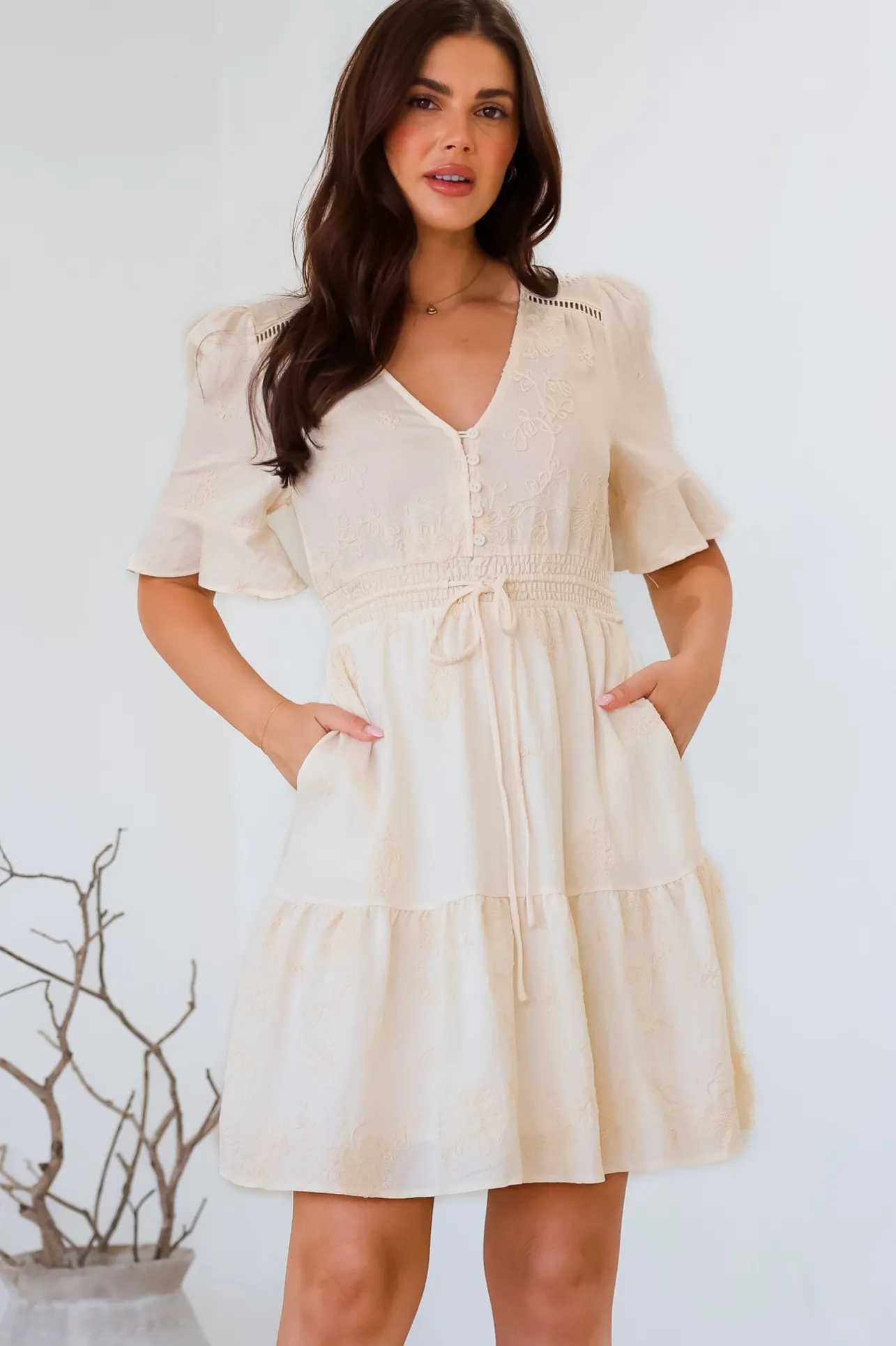 Truese Mini Dress - A-Line Dress with Short Ruffle Sleeves in Cream Embroidery>Salty Crush Outlet