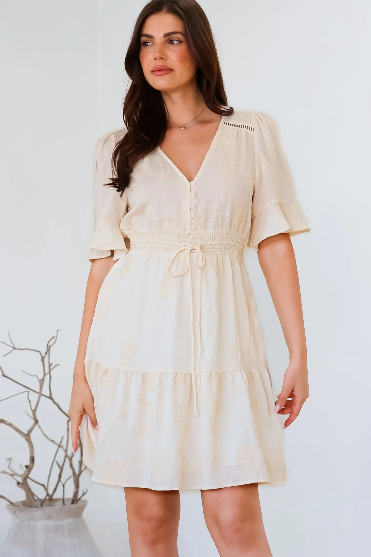 Truese Mini Dress - A-Line Dress with Short Ruffle Sleeves in Cream Embroidery>Salty Crush Outlet