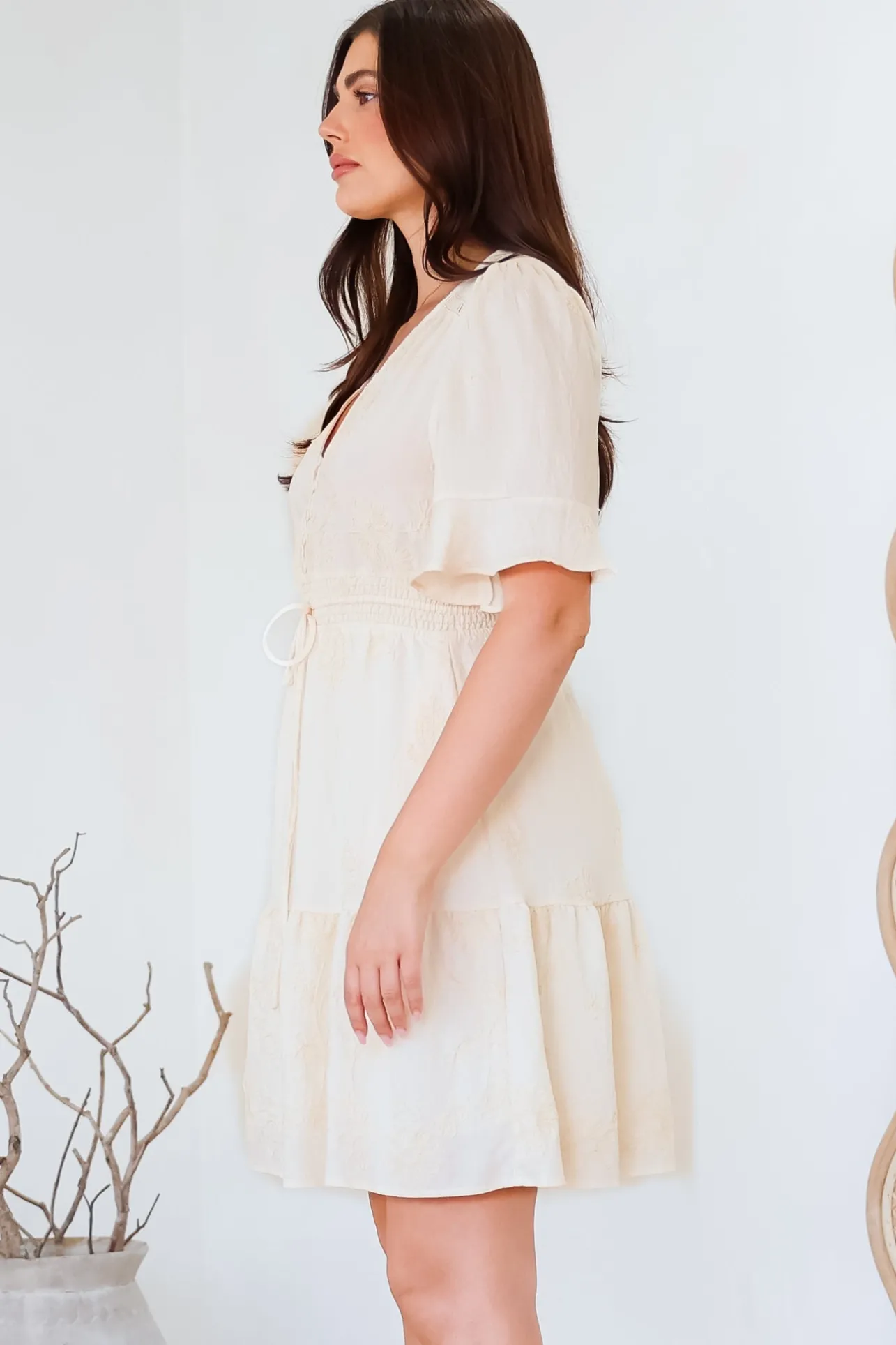 Truese Mini Dress - A-Line Dress with Short Ruffle Sleeves in Cream Embroidery>Salty Crush Outlet