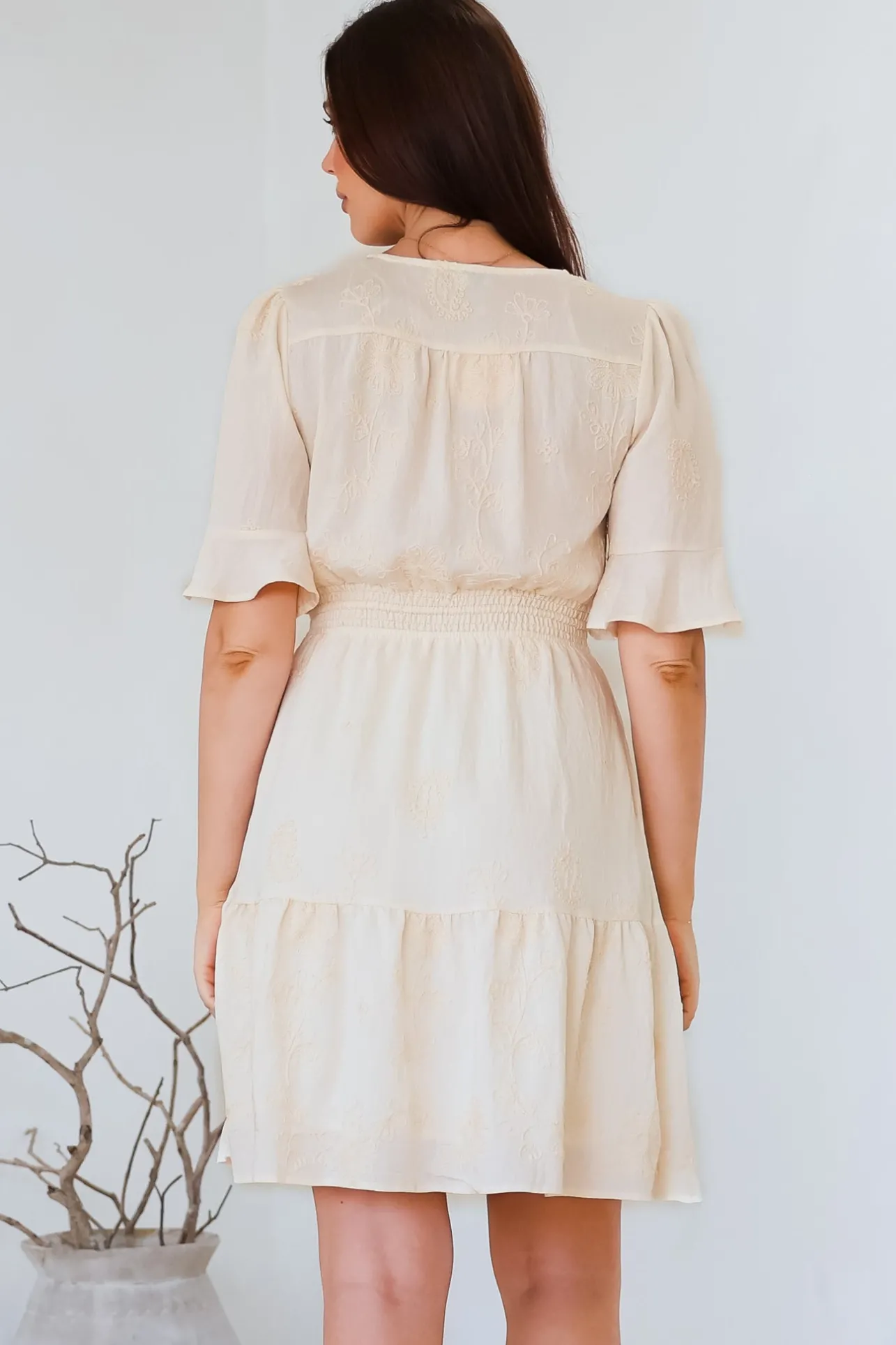 Truese Mini Dress - A-Line Dress with Short Ruffle Sleeves in Cream Embroidery>Salty Crush Outlet