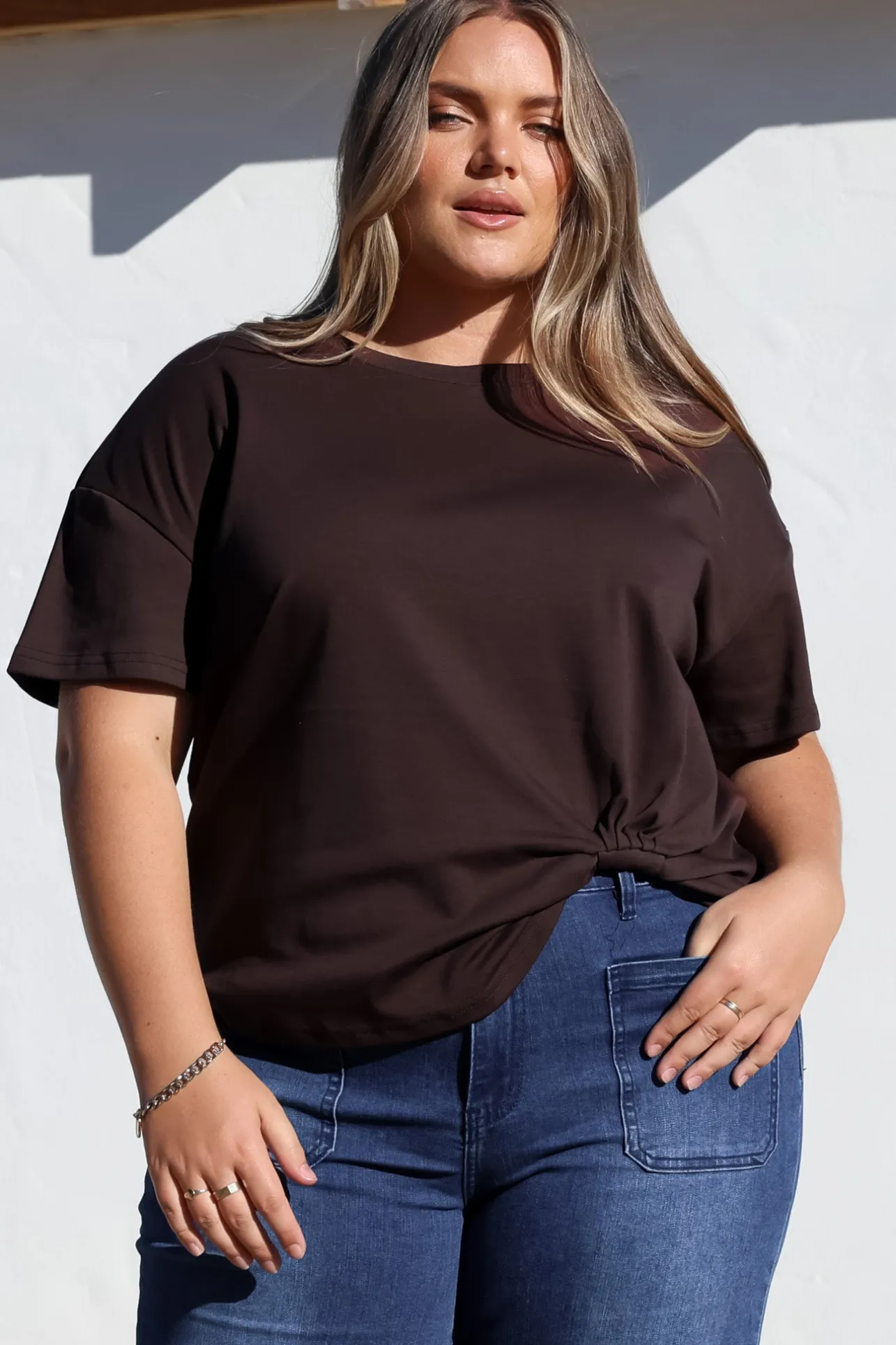 Tuck T-Shirt - Round Neckline Cotton Tee with Gathered Front Detail in Chocolate>Salty Crush Sale