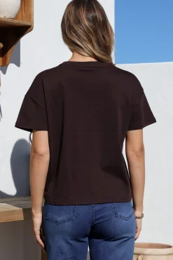 Tuck T-Shirt - Round Neckline Cotton Tee with Gathered Front Detail in Chocolate><noscript><img width=