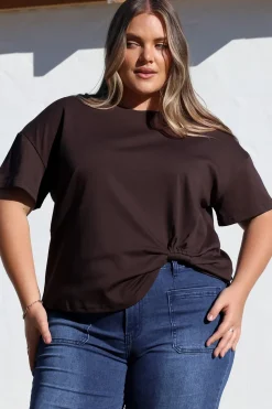 Tuck T-Shirt - Round Neckline Cotton Tee with Gathered Front Detail in Chocolate><noscript><img width=