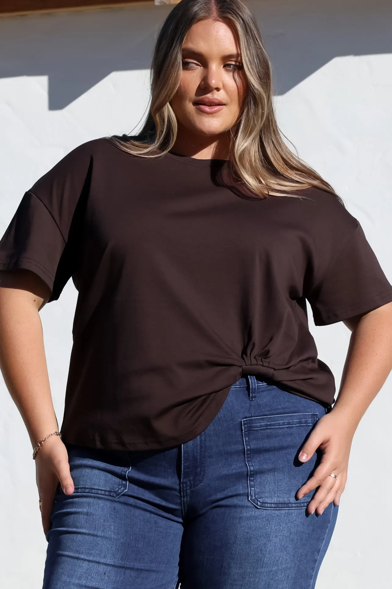 Tuck T-Shirt - Round Neckline Cotton Tee with Gathered Front Detail in Chocolate>Salty Crush Sale
