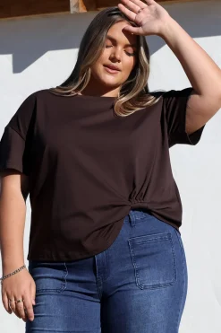 Tuck T-Shirt - Round Neckline Cotton Tee with Gathered Front Detail in Chocolate><noscript><img width=
