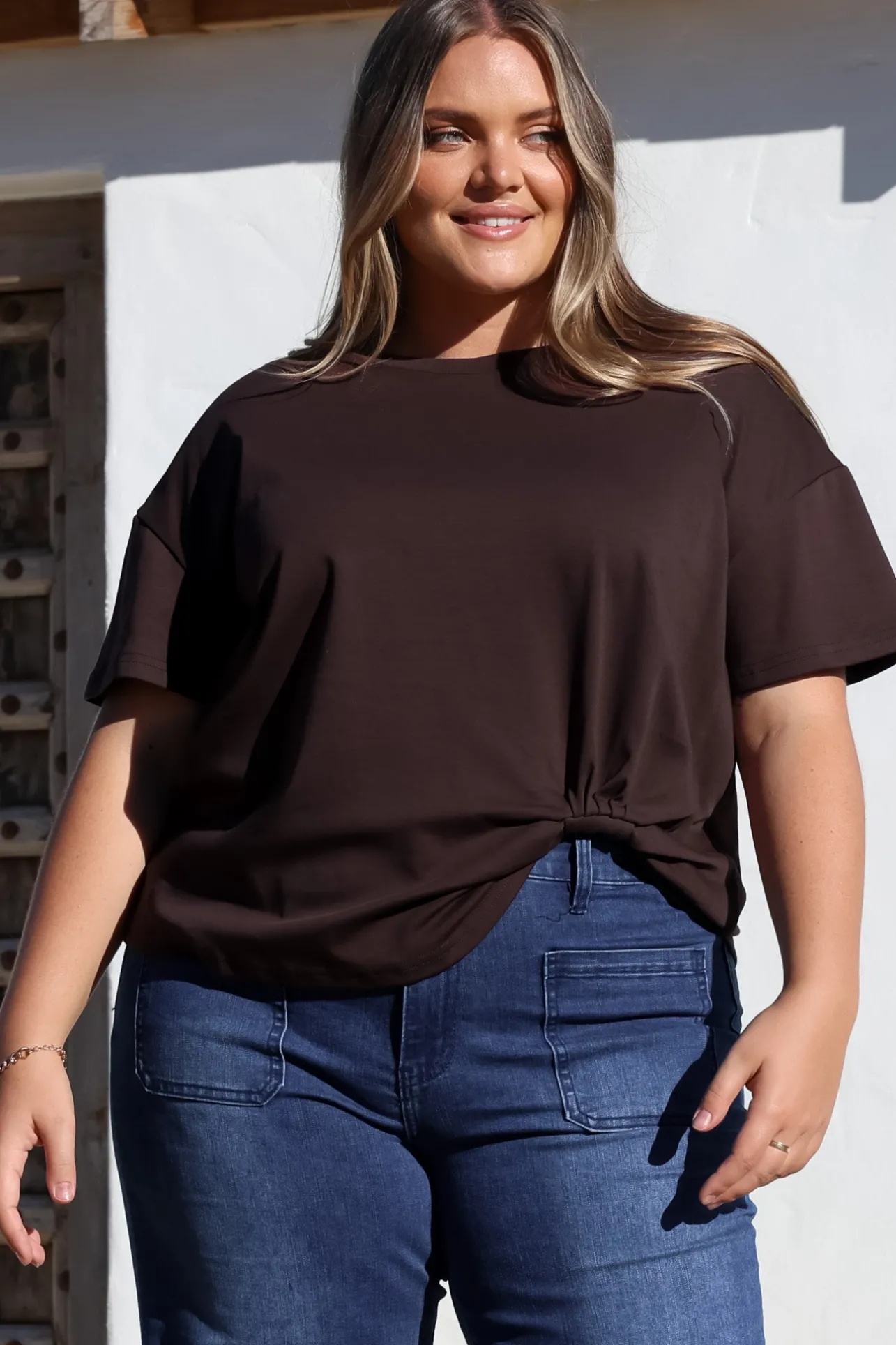 Tuck T-Shirt - Round Neckline Cotton Tee with Gathered Front Detail in Chocolate>Salty Crush Sale