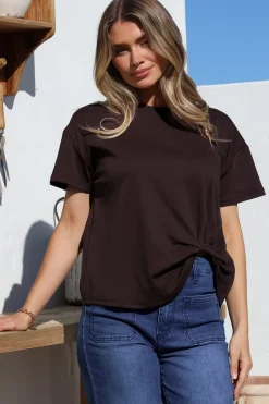 Tuck T-Shirt - Round Neckline Cotton Tee with Gathered Front Detail in Chocolate><noscript><img width=