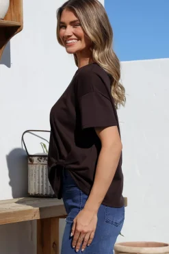 Tuck T-Shirt - Round Neckline Cotton Tee with Gathered Front Detail in Chocolate><noscript><img width=
