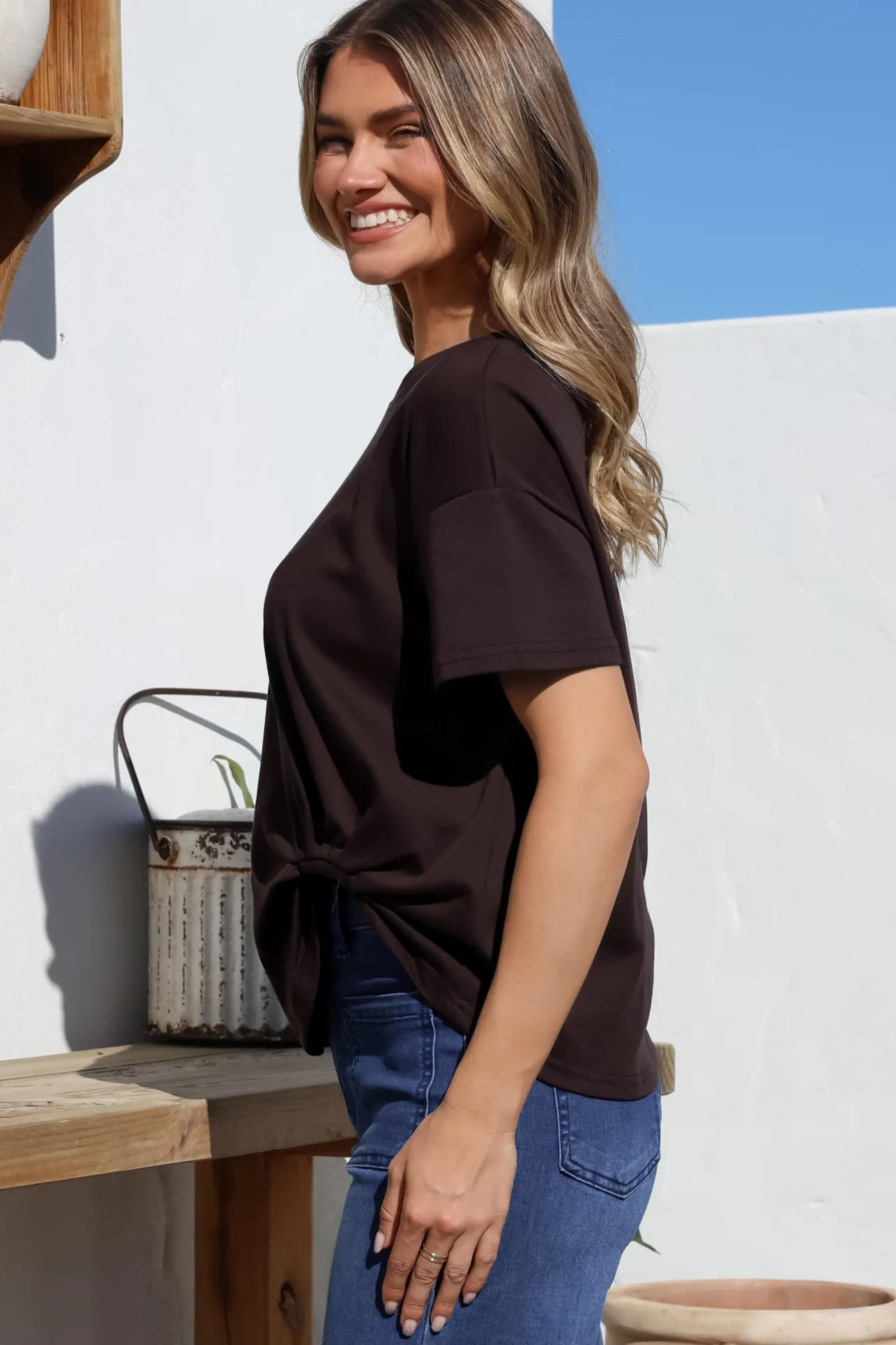 Tuck T-Shirt - Round Neckline Cotton Tee with Gathered Front Detail in Chocolate>Salty Crush Sale