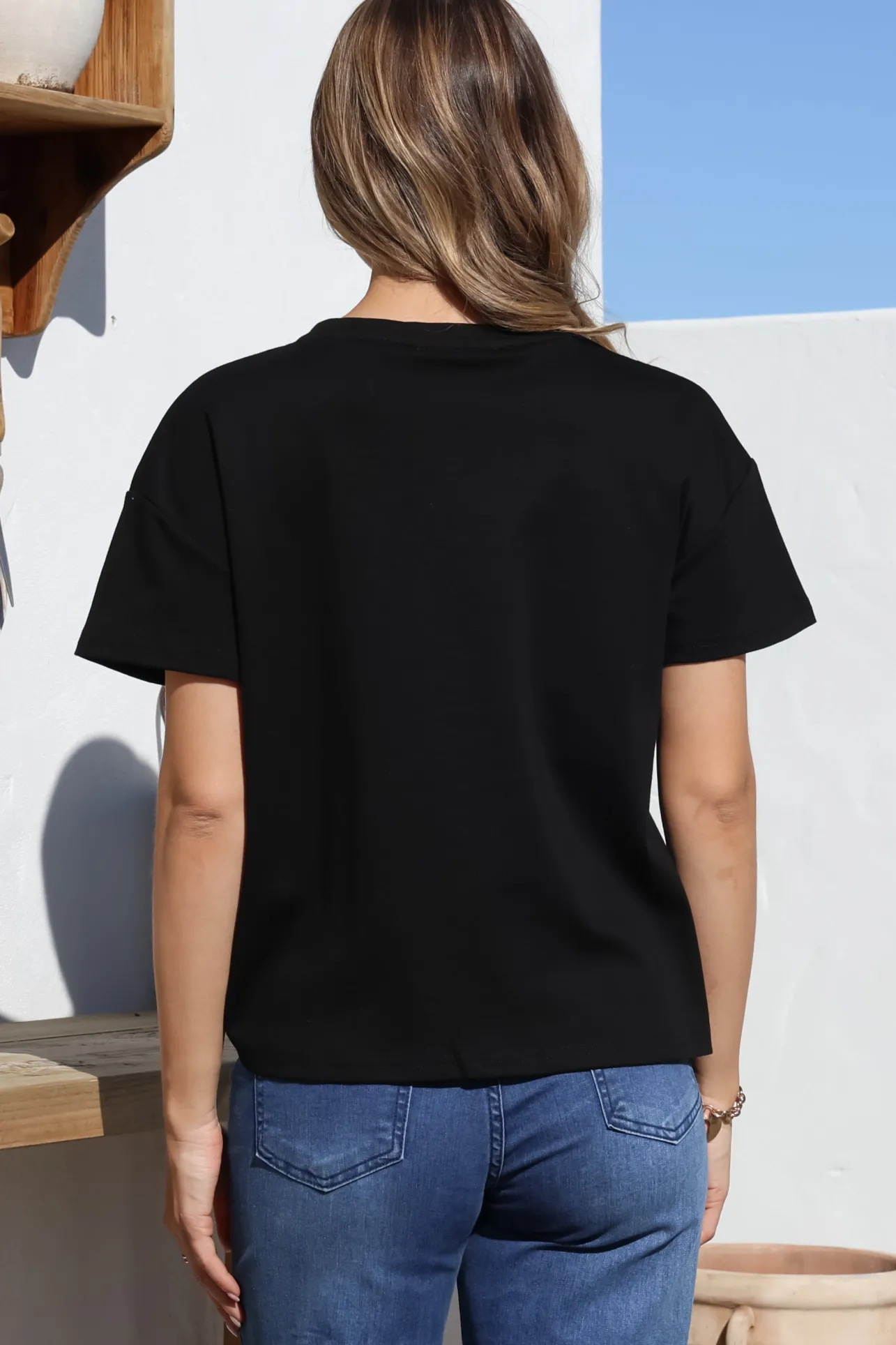 Tuck T-Shirt - Round Neckline Cotton Tee with Gathered Front Detail in Black>Salty Crush Online