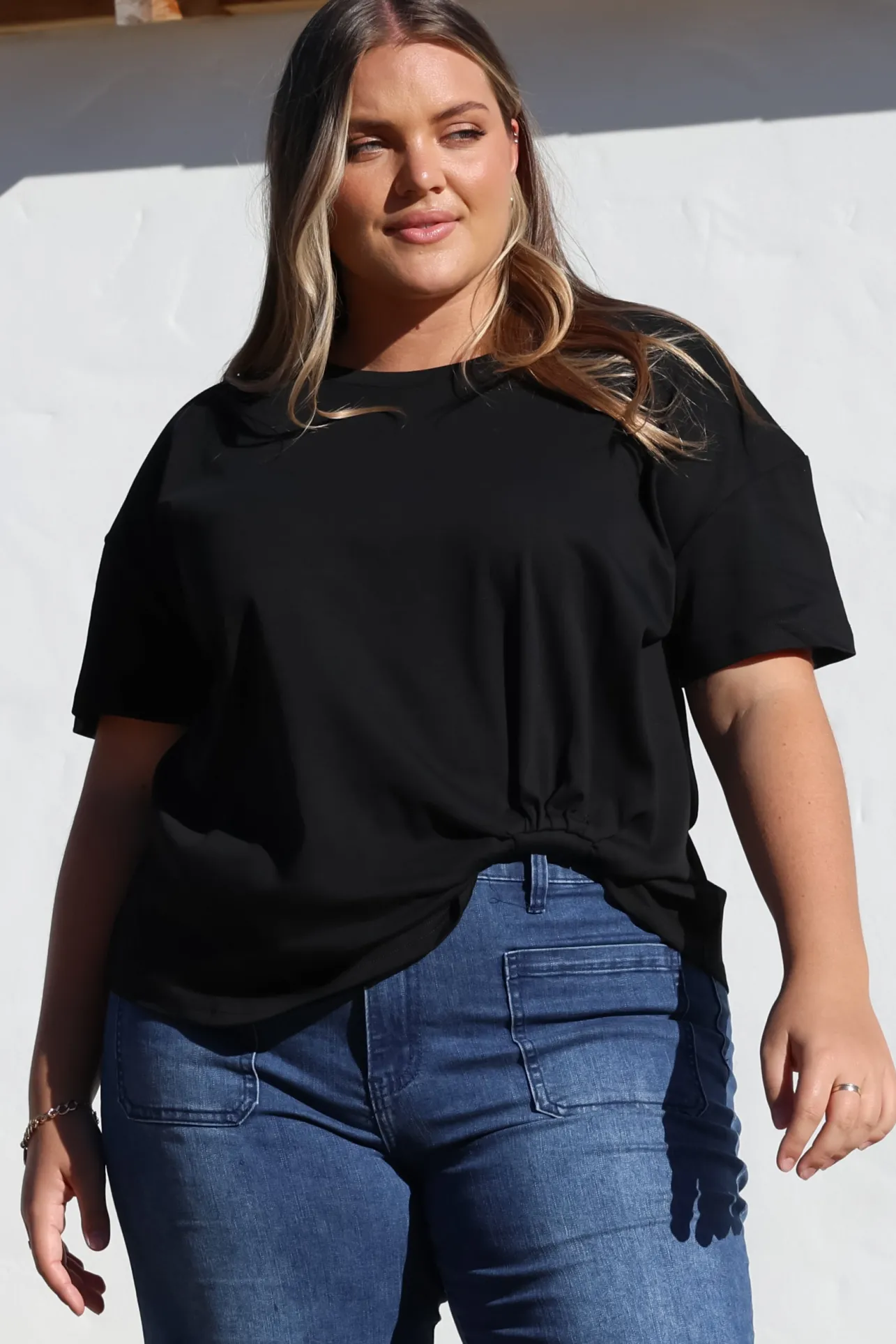 Tuck T-Shirt - Round Neckline Cotton Tee with Gathered Front Detail in Black>Salty Crush Online