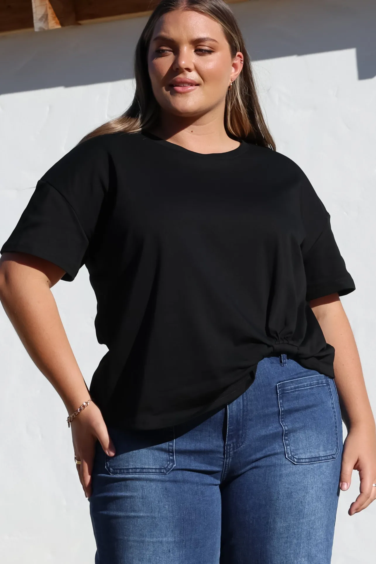 Tuck T-Shirt - Round Neckline Cotton Tee with Gathered Front Detail in Black>Salty Crush Online