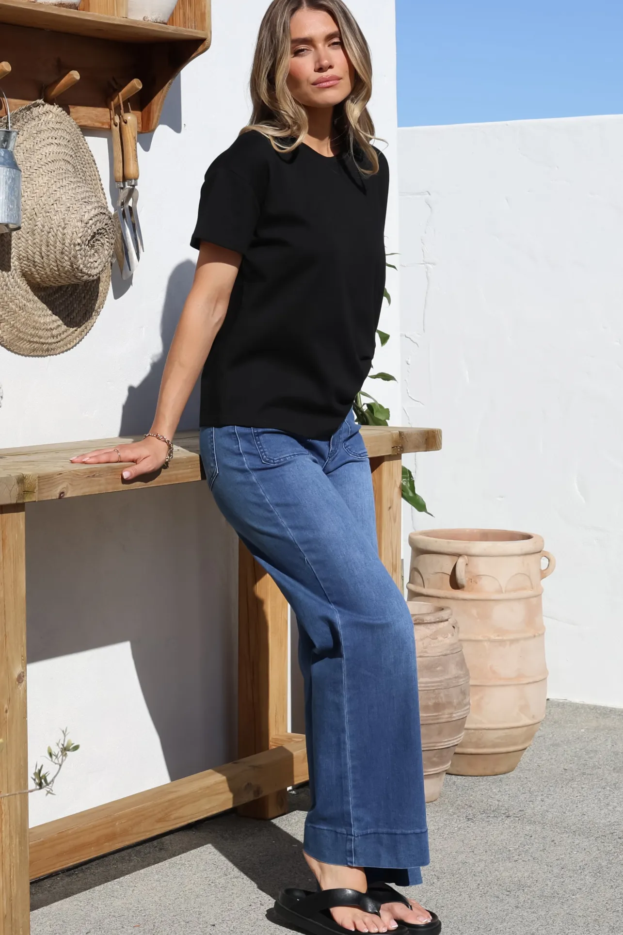 Tuck T-Shirt - Round Neckline Cotton Tee with Gathered Front Detail in Black>Salty Crush Online