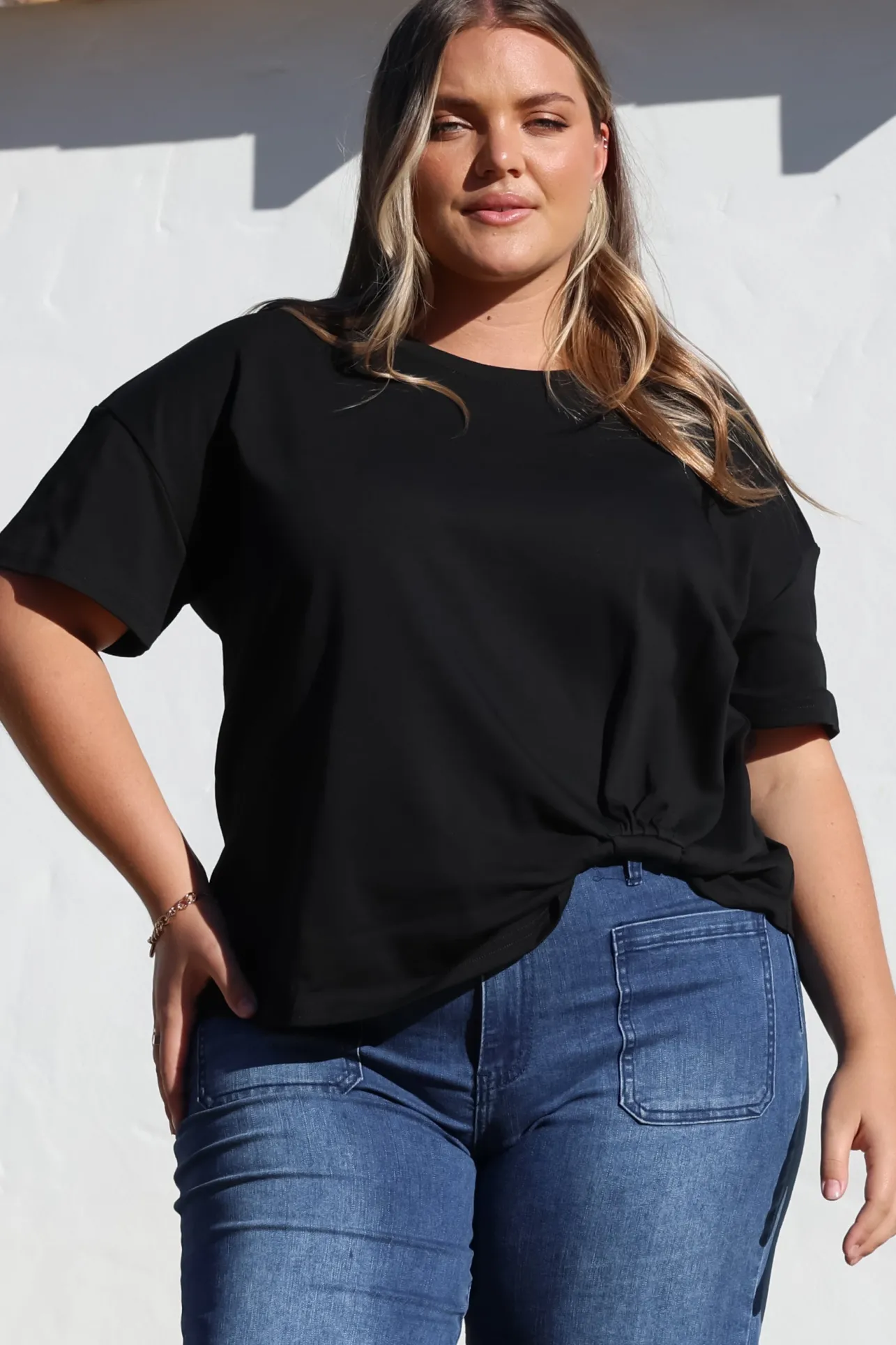 Tuck T-Shirt - Round Neckline Cotton Tee with Gathered Front Detail in Black>Salty Crush Online