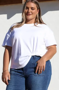 Tuck T-Shirt - Round Neckline Cotton Tee with Gathered Front Detail in White>Salty Crush Online