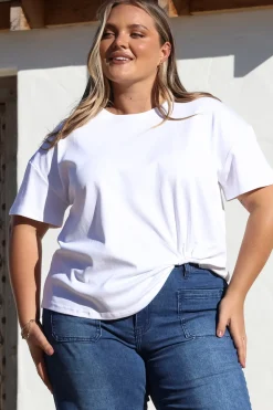 Tuck T-Shirt - Round Neckline Cotton Tee with Gathered Front Detail in White><noscript><img width=