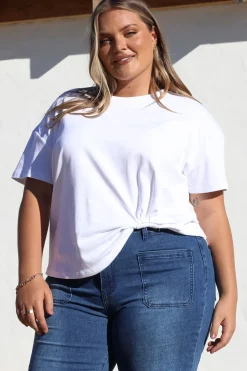 Tuck T-Shirt - Round Neckline Cotton Tee with Gathered Front Detail in White><noscript><img width=