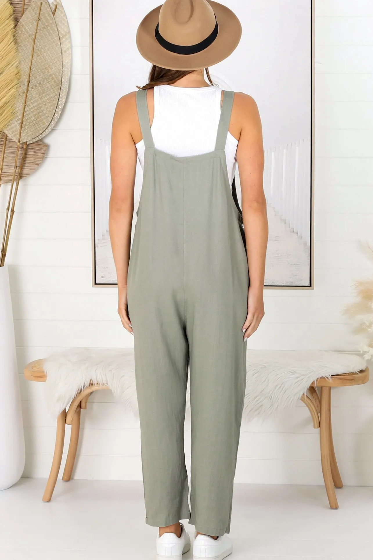 Tulum Jumpsuit - Linen Blend Overalls Pockets in Khaki>Salty Crush Online