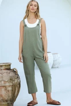 Tulum Jumpsuit - Linen Blend Overalls Pockets in Khaki><noscript><img width=