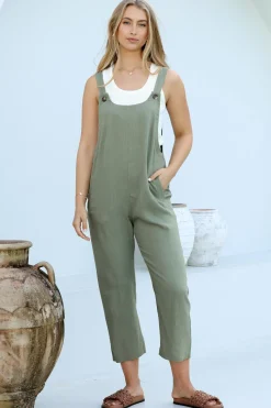 Tulum Jumpsuit - Linen Blend Overalls Pockets in Khaki><noscript><img width=