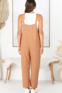 Tulum Jumpsuit - Linen Blend Overalls Pockets in Tan><noscript><img width=