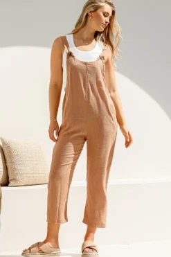Tulum Jumpsuit - Linen Blend Overalls Pockets in Tan><noscript><img width=