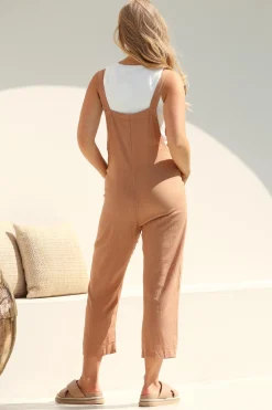 Tulum Jumpsuit - Linen Blend Overalls Pockets in Tan><noscript><img width=