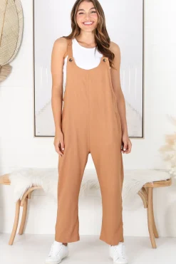 Tulum Jumpsuit - Linen Blend Overalls Pockets in Tan><noscript><img width=