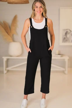 Tulum Jumpsuit - Linen Blend Overalls Pockets in Black>Salty Crush Outlet