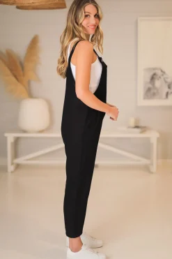 Tulum Jumpsuit - Linen Blend Overalls Pockets in Black><noscript><img width=