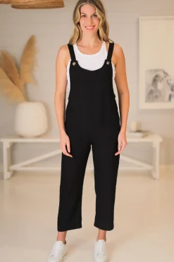 Tulum Jumpsuit - Linen Blend Overalls Pockets in Black><noscript><img width=
