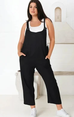 Tulum Jumpsuit - Linen Blend Overalls Pockets in Black><noscript><img width=