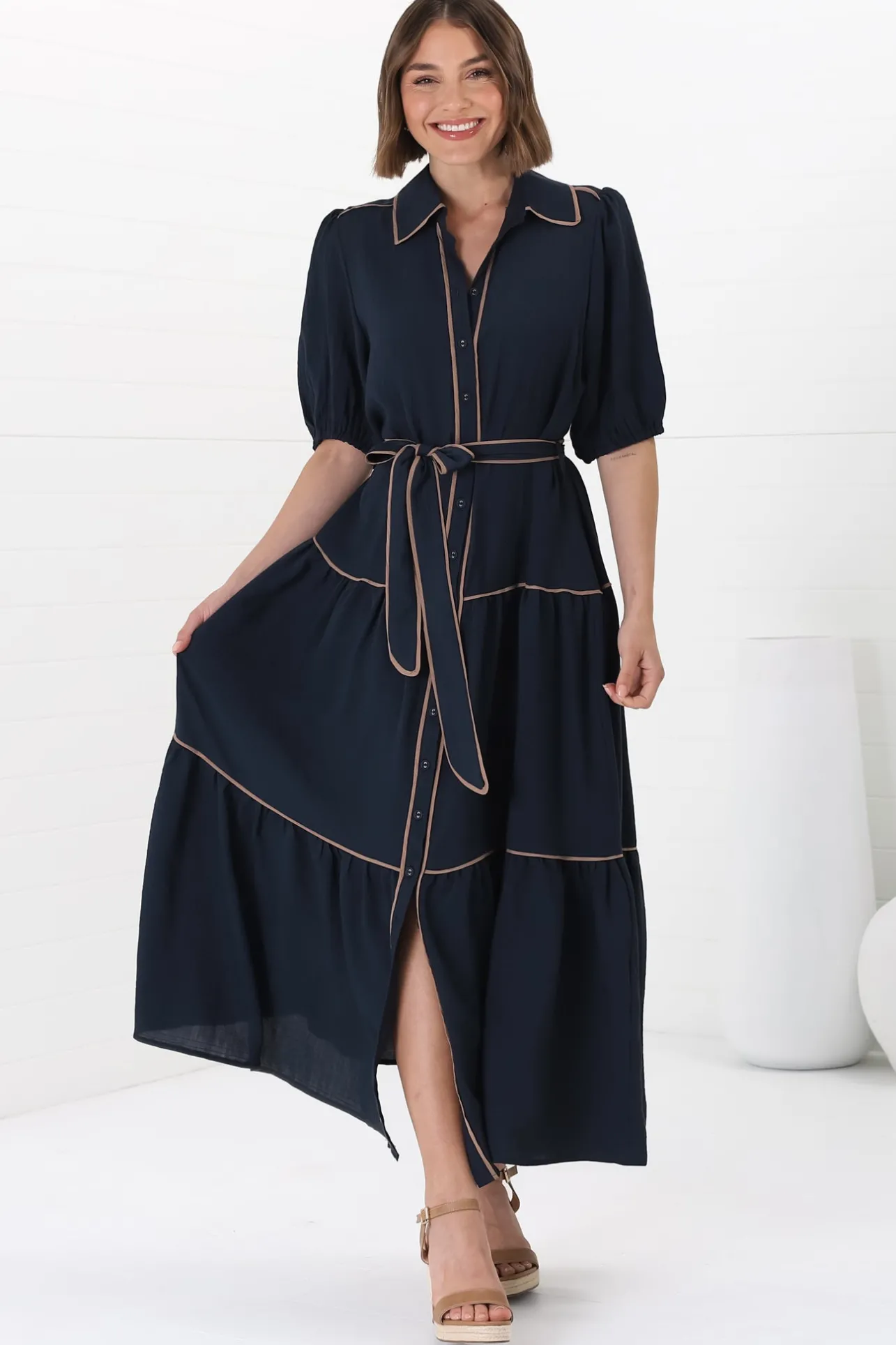 Valencia Maxi Dress - Collared Tiered Button Down Dress with Contrast Trim in Navy>Salty Crush Clearance