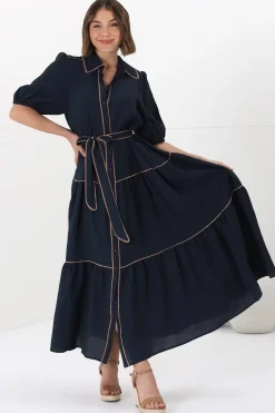 Valencia Maxi Dress - Collared Tiered Button Down Dress with Contrast Trim in Navy>Salty Crush Clearance