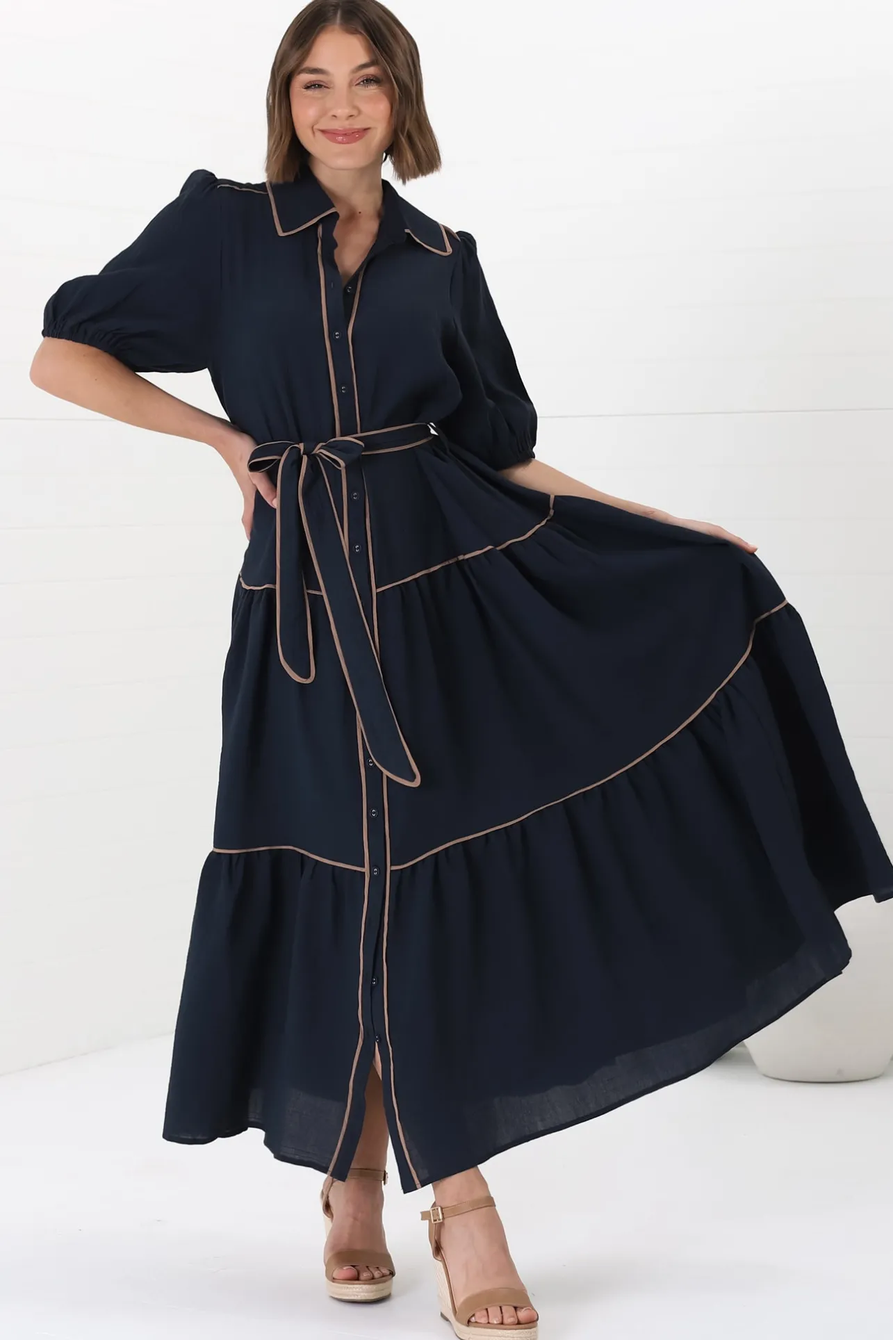 Valencia Maxi Dress - Collared Tiered Button Down Dress with Contrast Trim in Navy>Salty Crush Clearance